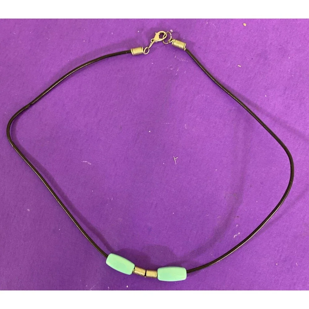 Vintage Seafoam Green Bead Black Cord Necklace Gold Tone Minimalist 20 Inch Boho